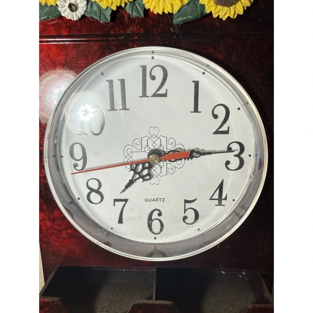 VTG Wall Clock Mail Organizer Swans Sunflower Bills Letters Holder Cottagecore